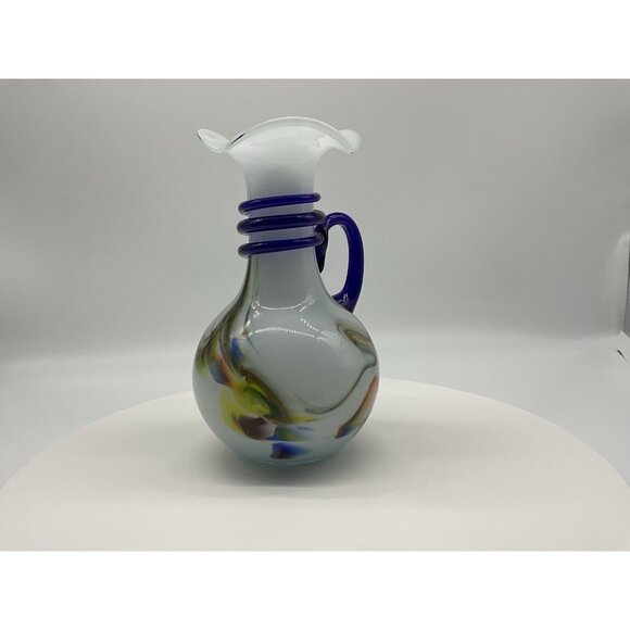 Murano Style Hand Blown Glass Pitcher With Cobalt Blue Rope And Handle Vintage - Picture 10 of 16